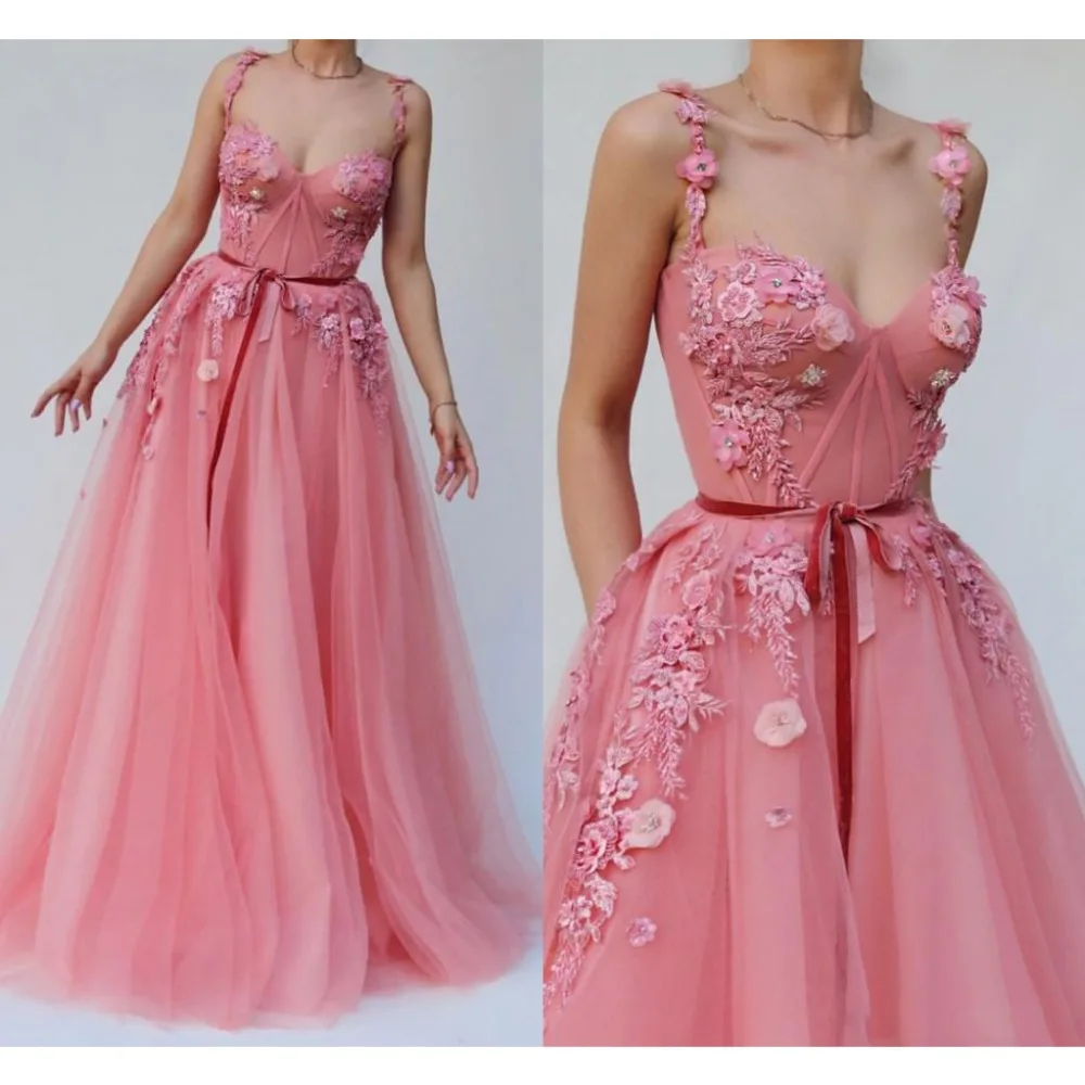 Великолепные розовые платья для выпускного вечера Vestido de festa longo 3D Цветочные арабские торжественные платья из тюля размера плюс элегантные вечерние платья