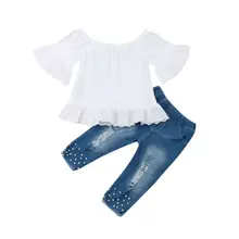Коллекция года, брендовые топы с открытыми плечами и расклешенными рукавами для маленьких девочек, джинсовые штаны с жемчужинами летний модный комплект одежды для малыша, 2 предмета