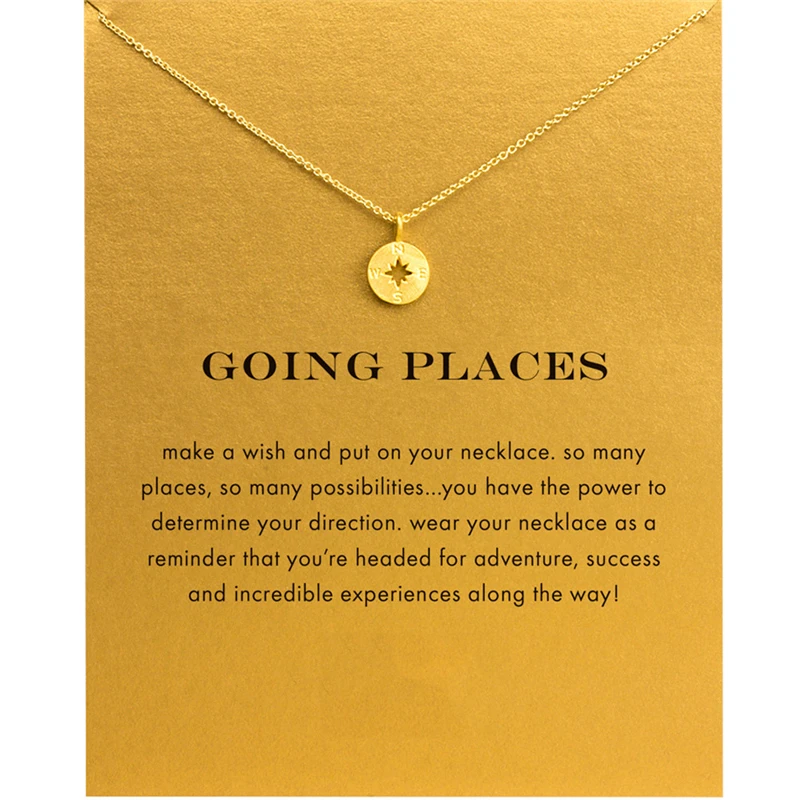 

2018 New Gold Color Compass Pendant Short Chain Choker Necklace For Women Golden Heart wish necklace with card Jewelry As gift