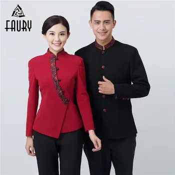 

Women Oblique Placket Long Sleeve Waitress Jackets Single Breasted Men Waiter Hotel Coffee Shop Work Uniforms Coats Overalls