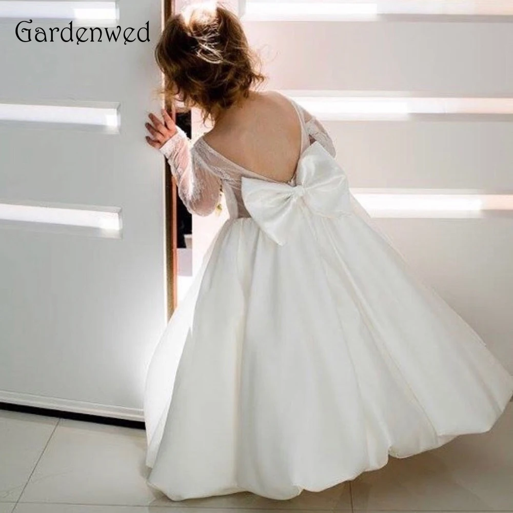 

A line Satin Skirt Open V Back Big Bow Knot Fine Lace Long Sleeves Floor Length White Pageant Dress Girl Wedding tutu Princess