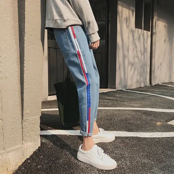 

2018 Spring New Youth Style Small Fresh Harbor Wind Men's Korean Version Of The Slim Striped Jeans Trend Fashion Feet Pants
