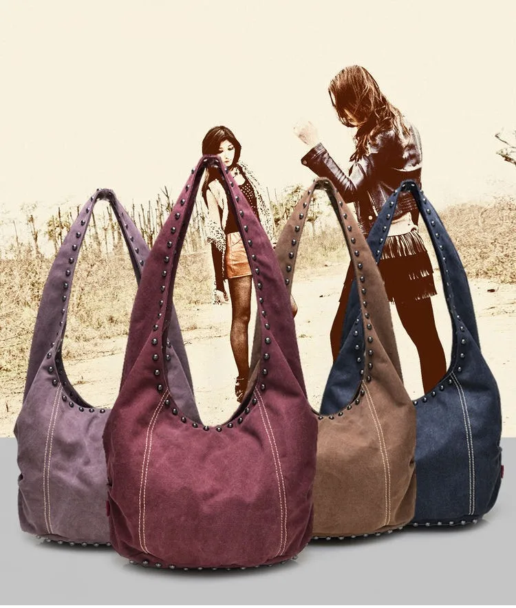 Холщовая Сумка, женские сумки-мессенджеры, украшенные заклепками, новая мода для девочек, Европейская и американская мода, сумка-мешок 1264