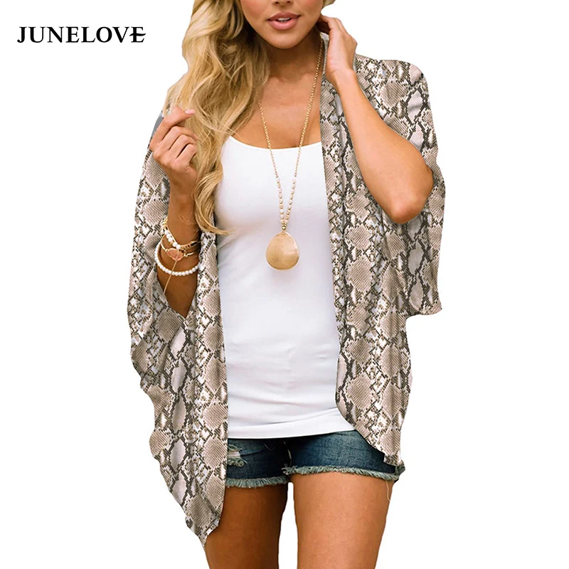 

JuneLove Women Casual Vintage Cardigan snake Lady Summer Long Crochet Chiffon Kimono Loose floral animal print Blouse Beach Tops