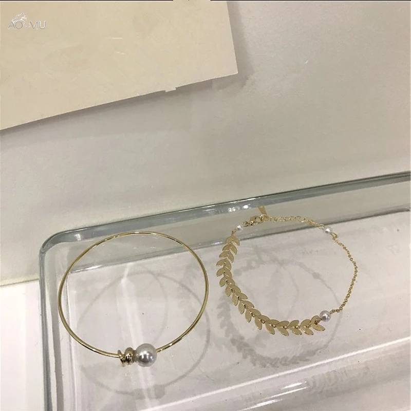 

AOMU Korea 2019 Imitation Pearl Beads Bracelet Bangle For Women Metal Beads Leaves Bracelet Fashion Party Jewelry