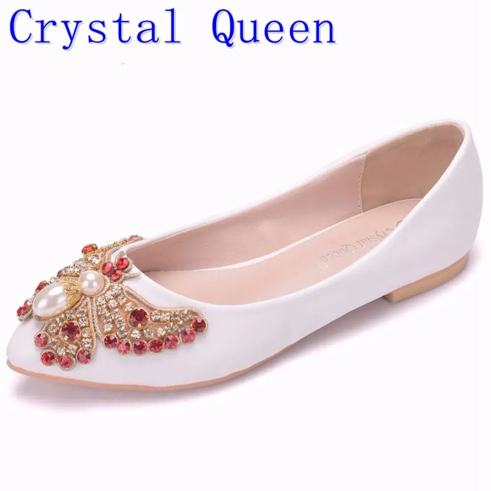 

Crystal Queen Rhinestone Butterfly-knot Women Shoes Wedding Bride Shoes White Pointed Toe Flats Heel Shoes For Girls Plus Size