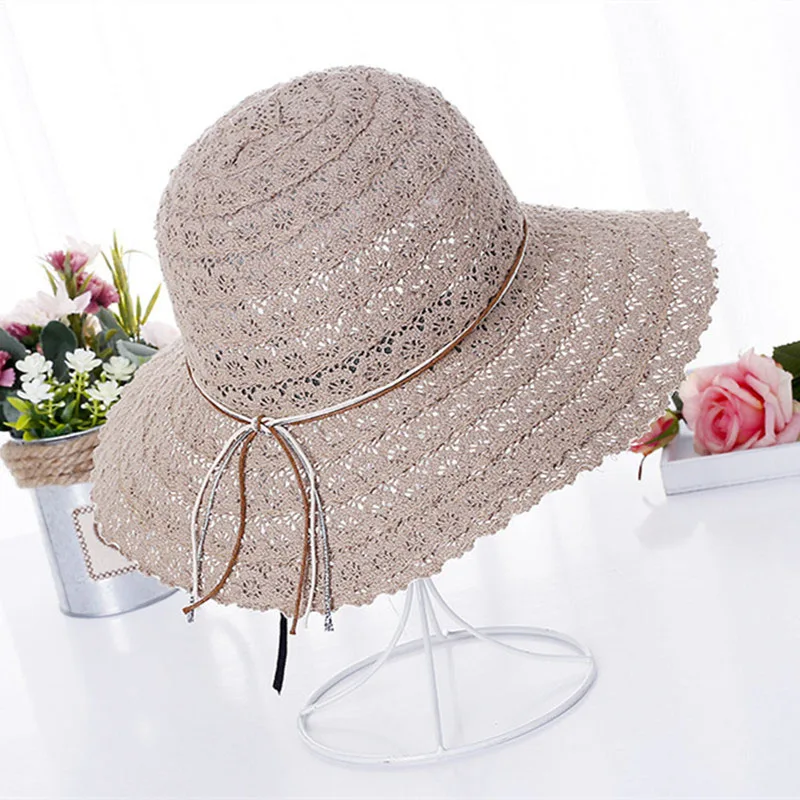 Women Lace Hollow Straw Cap Large Brim Foldable Hat Summer Ladies Elegant Travel Caps Female Fisherman Sun Hats CP0200 (3)
