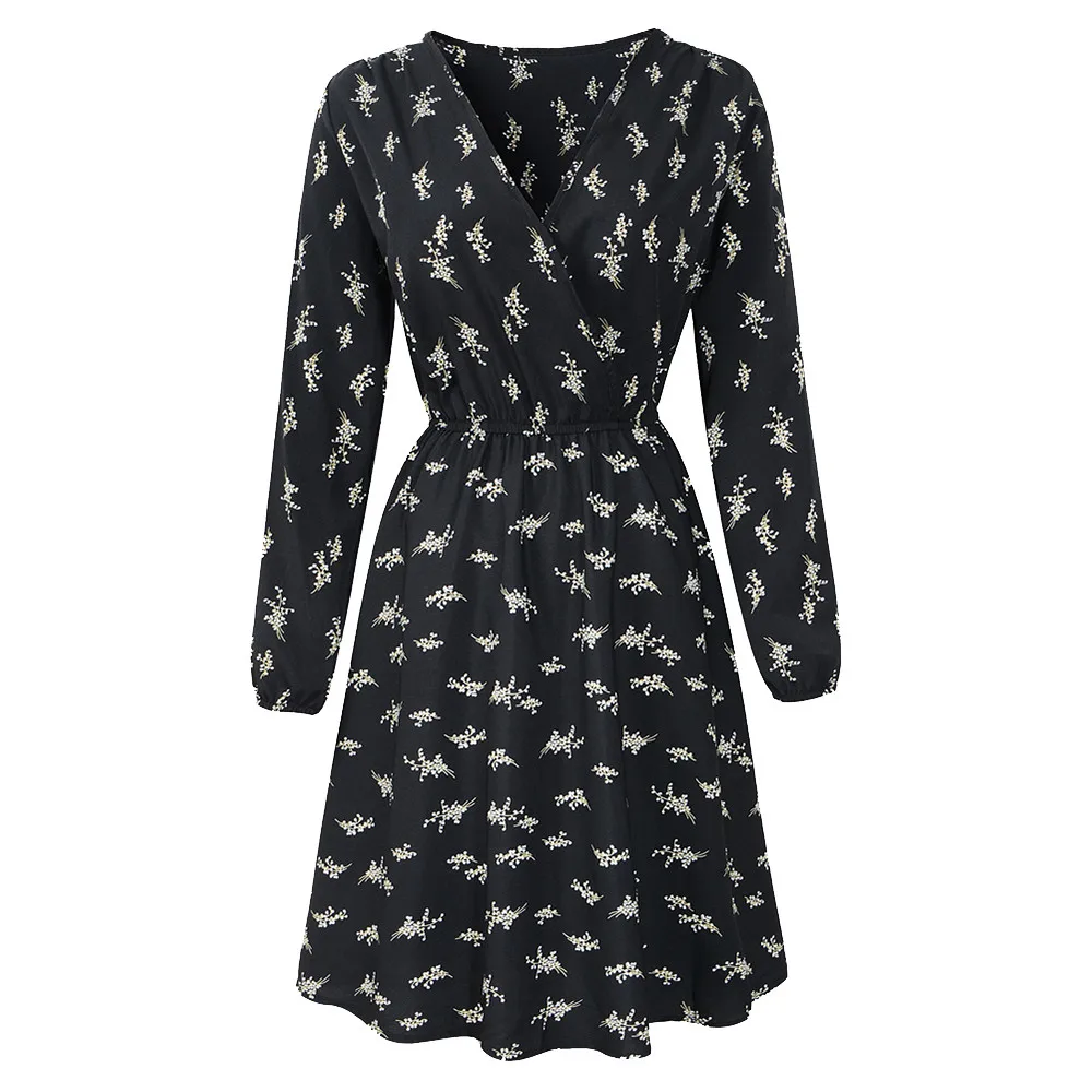 

2019 Womens Autumn Casual V-Neck Holiday Floral Print Dress Ladies Long Sleeve Party Mini Dress 30
