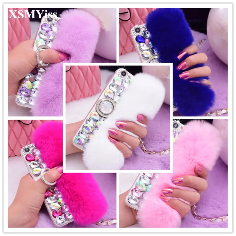 

Luxury Bling Rhinestone Diamond Real Rabbit Fur Case For Samsung S6 S7 S8 S9 S10 PLUS S10 Lite Note5 8 9 With Ring Holder Case