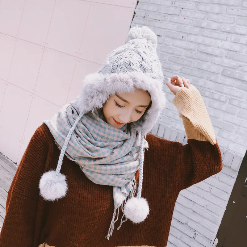 New Korean Fashion Autumn And Winter Rabbit Fur Ball Knit Hats Warm Earmuffs Outdoor Wild Double Thickening Women Hats HC06 (4)
