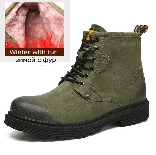 green Plush lining Genuine leather Motorcycle Boots Men Lace-Up Winter Shoes Warm Plush Comfort Footwear Cow suede Leather Mens Boots Casual - Color: green Plush lining