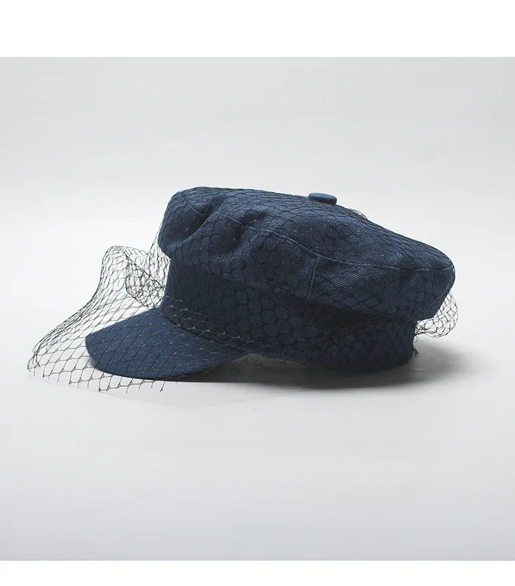 Элегантность сетки деним шляпа Для женщин военная шляпа леди Повседневное Casquette армия шляпу с плоским верхом осень-зима шляпа Кепки