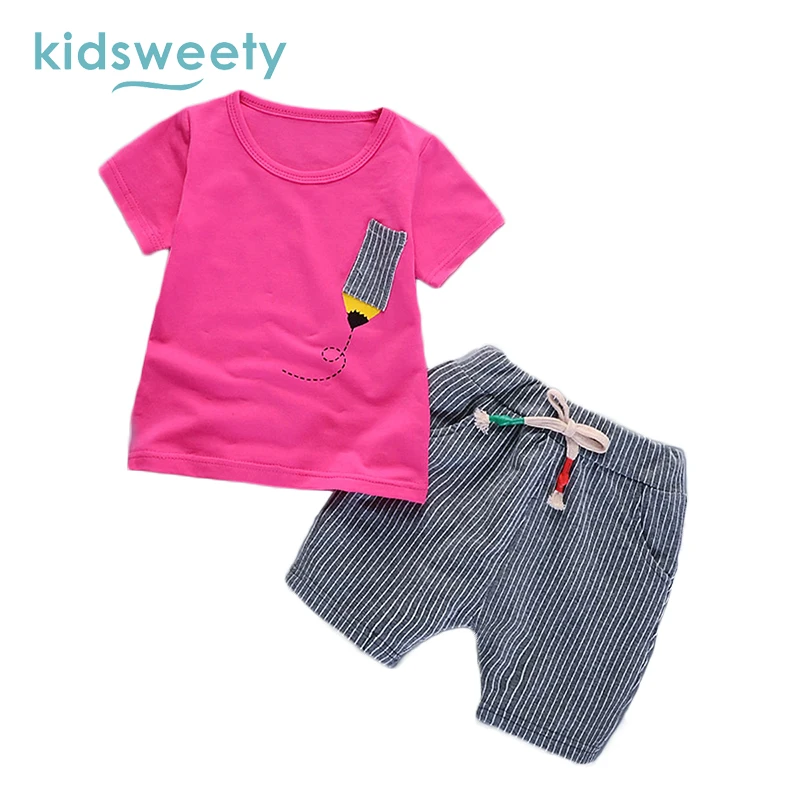 

Kidsweety Kids Sets 2017 Summer Boys Cotton T-Shirt Stripe Pants Unisex Child Suits Girls Tees Pocket Shorts Twinset Kids Sets