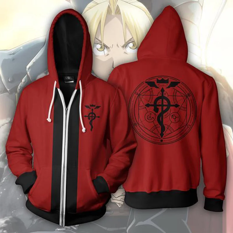 Fullmetal Alchemist Brotherhood Hoodie Edward Elric Men Casual Hoodies Sweatshirts 3D Print Hooded Zipper Coat Outerwear Outfit - Цвет: 1