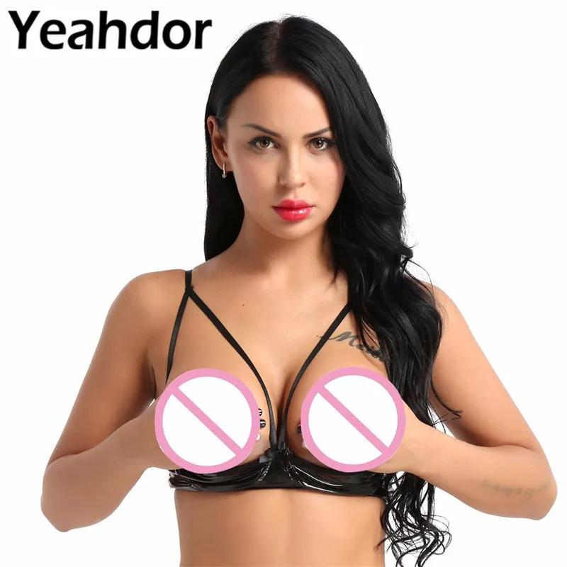 

Sexy Womens Soft Sheer Adjustable Spaghetti Straps Open Cups Bra Lingerie Faux Leather Wire-free Unlined Bra Tops Bralette Black