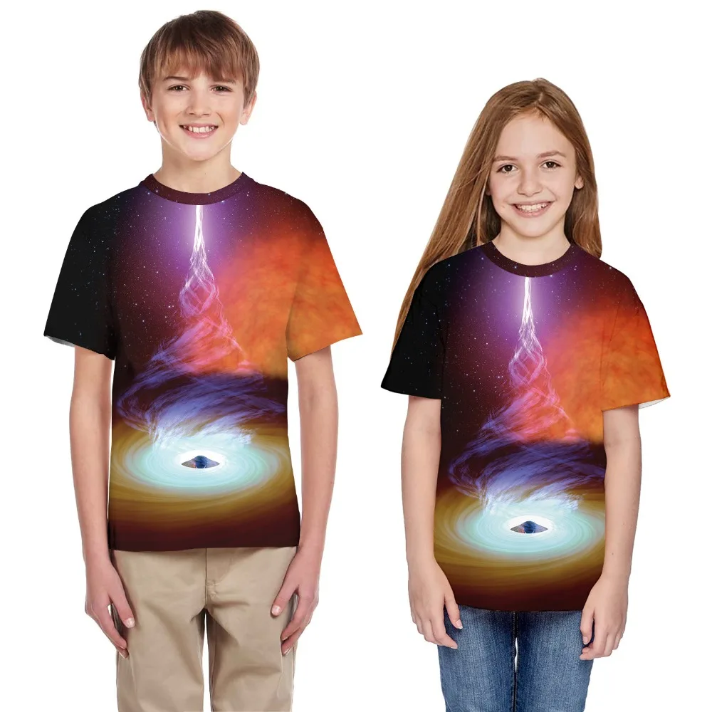 Новинка 2019 года, весенне-летняя футболка с короткими рукавами и цифровым принтом «3D Universe Black Hole/Lion» для мальчиков и девочек От 7 до 14 лет, 3