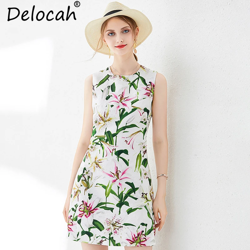 

Delocah Summer Women Dress Runway Fashion Sleeveless Tank Floral Printed Elegant Casual Vacation Ladies A-Line Mini Dresses