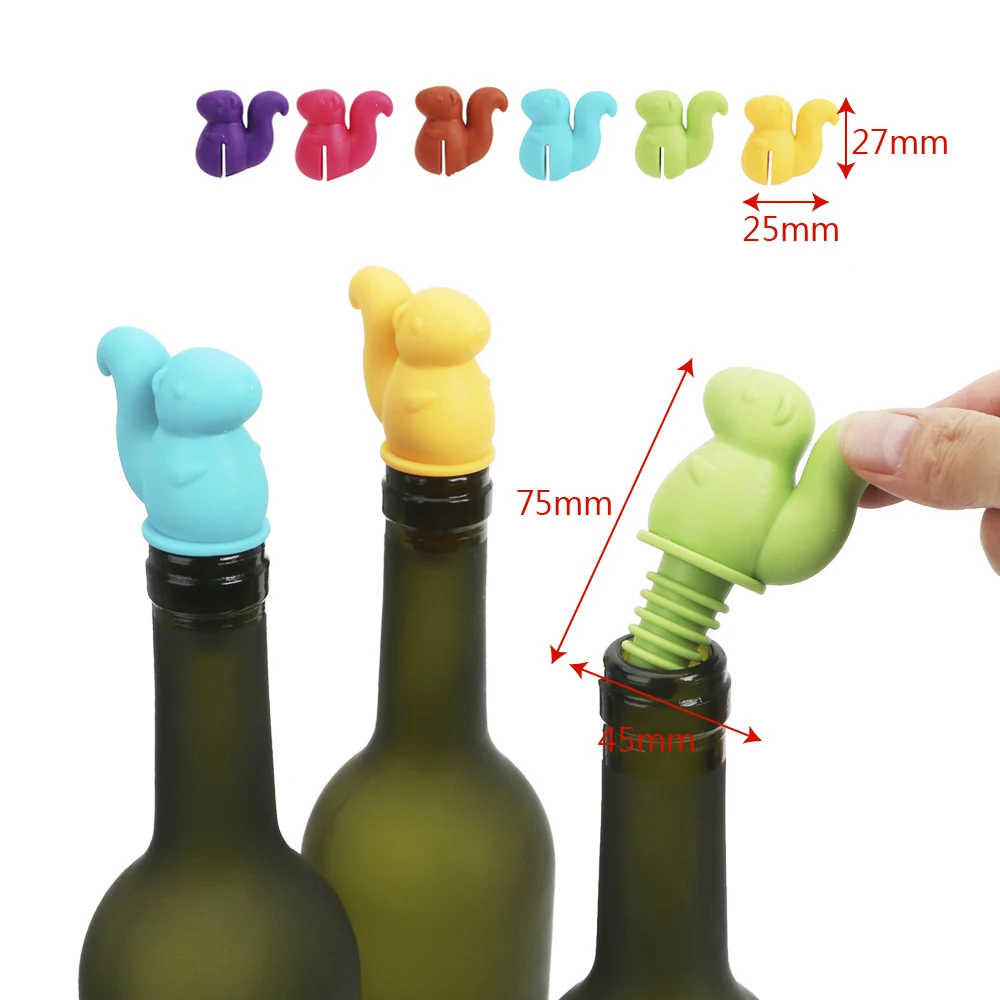 HILIFE Drink Cup Silicone Marker Cute Squirrel Shape Wine Bottle Stopper Rubber Wine Glass Label Wine Cork Plug 7 pcs/set