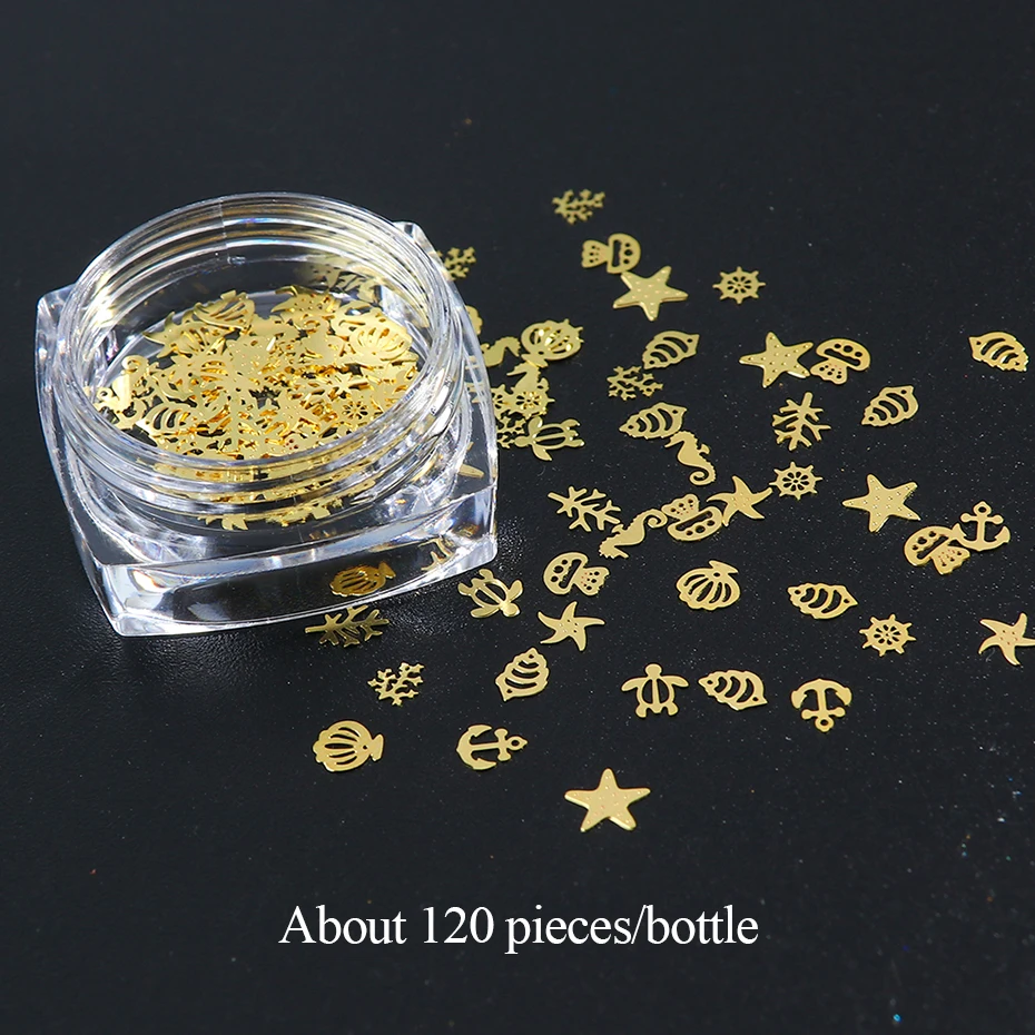 120pcs Gold Metallic Slice Nail Art Alloy Sea Shell Flakes Shining Nail Sequins Decorations 3D Metal Paillette Charms BE970-A