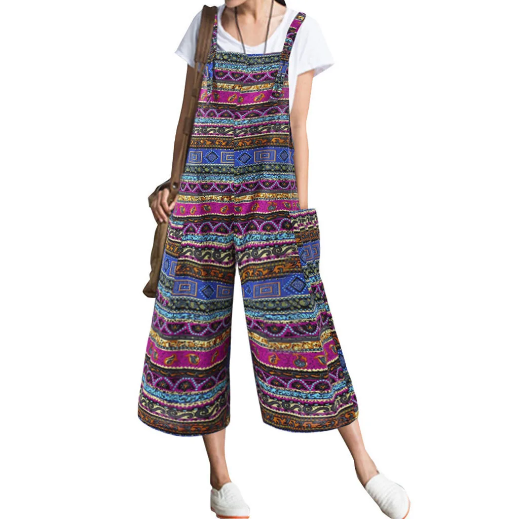 

Women's Pockets Print Cotton And Linen Sleeveless Loose Wide foot Long Rompers Jumpsuit Vintage Calf-length Ladies Jumpsuits