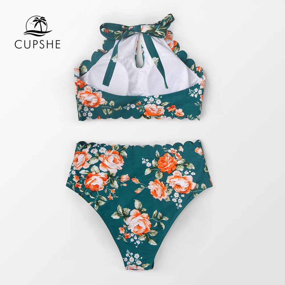Billig CUPSHE Grün Floral Halter Bikini Sets Frauen Sexy Hohe Taille Zwei Stück Badeanzug 2020 Mädchen Boho Badeanzüge