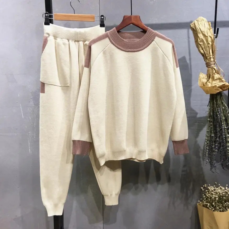 Осень-зима, вязанные цветные костюмы, свободный джемпер с круглым вырезом+ тонкий свитер, комплект из двух предметов, wj1539 - Цвет: beige
