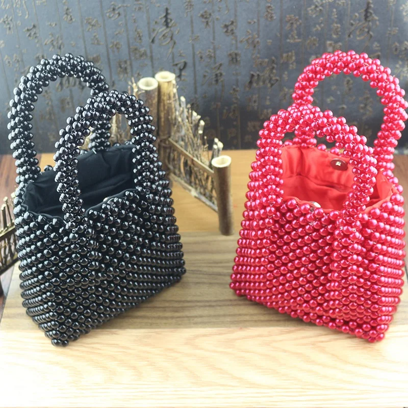 

FGGS-Hand-Woven Pearl Bags Diy Solid Color Women Beaded Handbag Elegant Evening Bag Retro Handbag