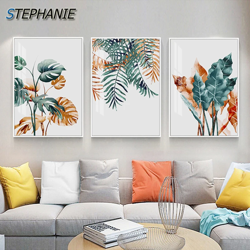 

Modern Nordic Plant Leaf Canvas Art Unique Romantic Poster Print Picture for Living Room Abstract Orange Green Wall Art Tableaux