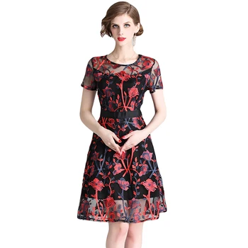 

HAMALIEL Luxury Women's Short Sleeve Party Tull Dress New 2019 Spring Summer Mesh Patchwork Embroidery Dress Retro Floral Dress