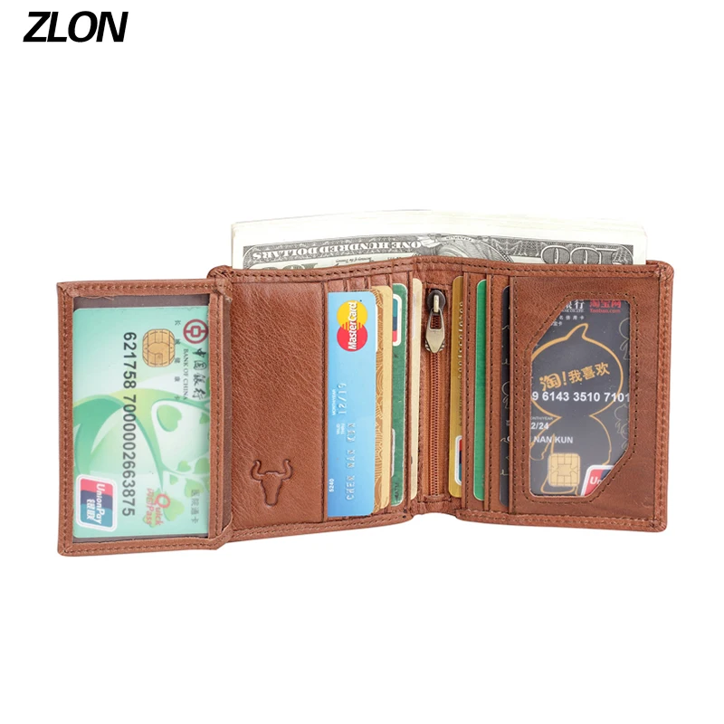 

ZLON Men's Casual 7 Credit Card Case ID Cash Coin Holder Small Wallet Zipper Organizer Wallet Trifold Wallet Brown Q324