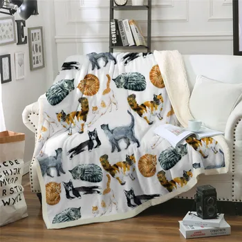 

Cute Cats Blanket Cartoon Animal Soft Plush Throw Blanket Watercolor Pet Printed Thin Quilt Golden Bedding