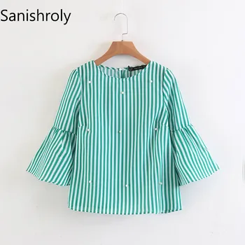 

Sanishroly 2018 Spring Summer Women Beading Striped Shirt Ladies Flare Sleeve Shirts Three Quarter Blouse Casual Tops Blusas 084
