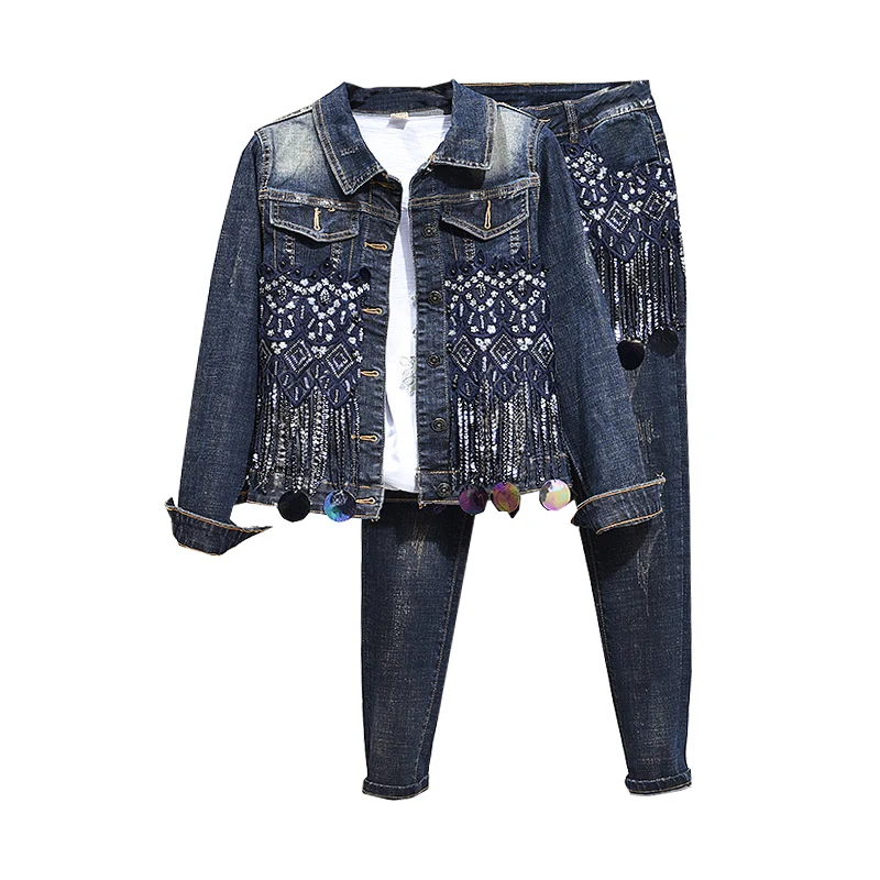 Женский джинсовый Модный комплект из 2 предметов с бисером и блестками, женские комплекты, джинсовые куртки с длинным рукавом+ узкие джинсы, женские костюмы