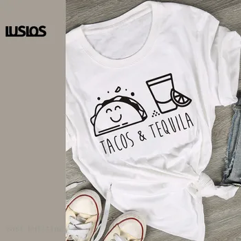 

LUSLOS Tacos & Tequila Shirt Women Short Sleeve White Cartoon Print Tshirt Femme Super Soft Short Sleeve Tee Tops Harajuku Cloth