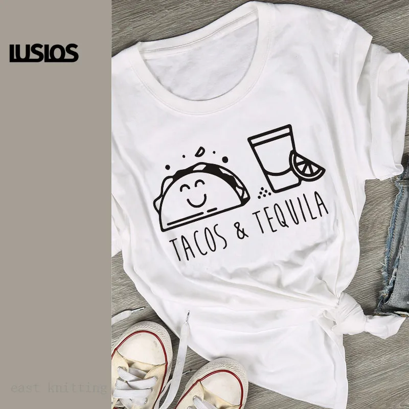 Футболка с текилой LUSLOS Tacos & Женская белая футболка коротким рукавом и мультяшным