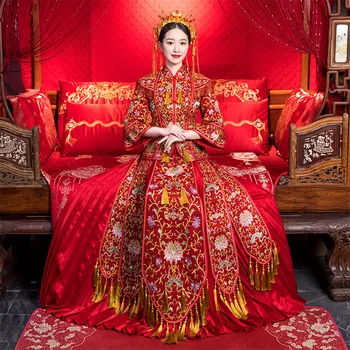

High Quality Embroidery Flower Rhinestone Marriage Suit Gold Tassel Cheongsam Women Qipao Ancien Bride Wedding Party Dress