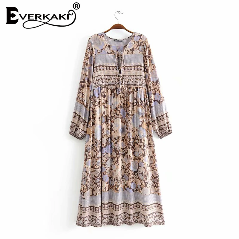 

Everkaki Boho Dress Women Floral Print Loose Vestidos Lace Up Fashion Casual Bohemian Dresses Female 2019 New Summer Autumn New
