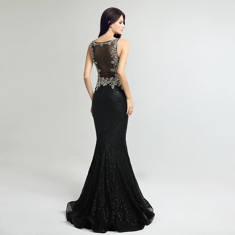 Elegant Lace Long Mermaid Prom Dresses Black Sequin Beading Crystal Illusion Back Evening Party Gown Formal Robe De Soiree OL171