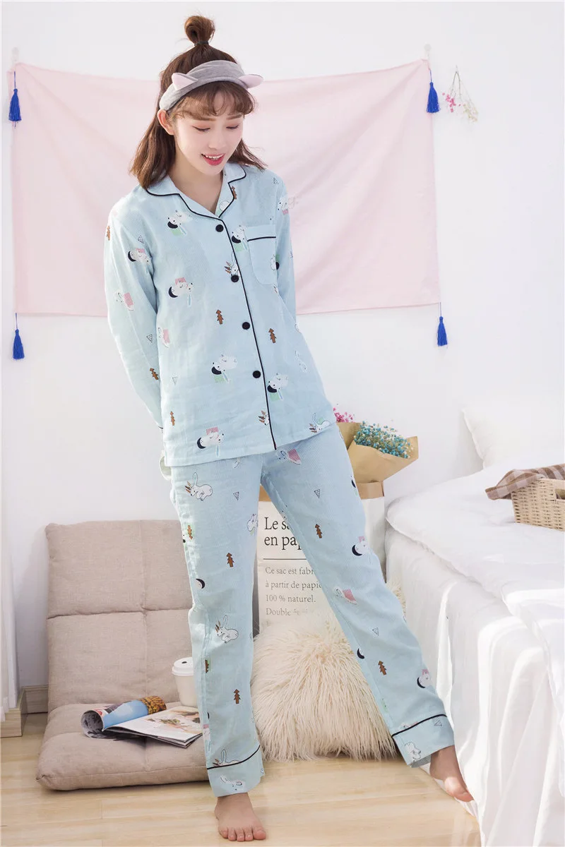 Blue women gauze cotton pajamas