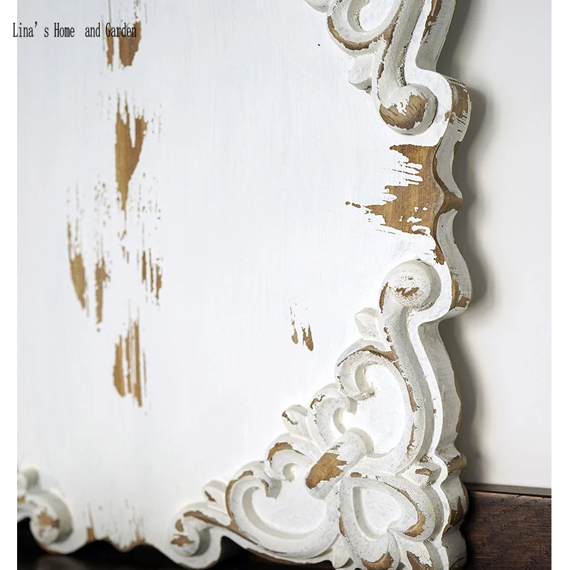 antique Chinese handmade pine shabby chic embossed white home decoration wooden tray (3)
