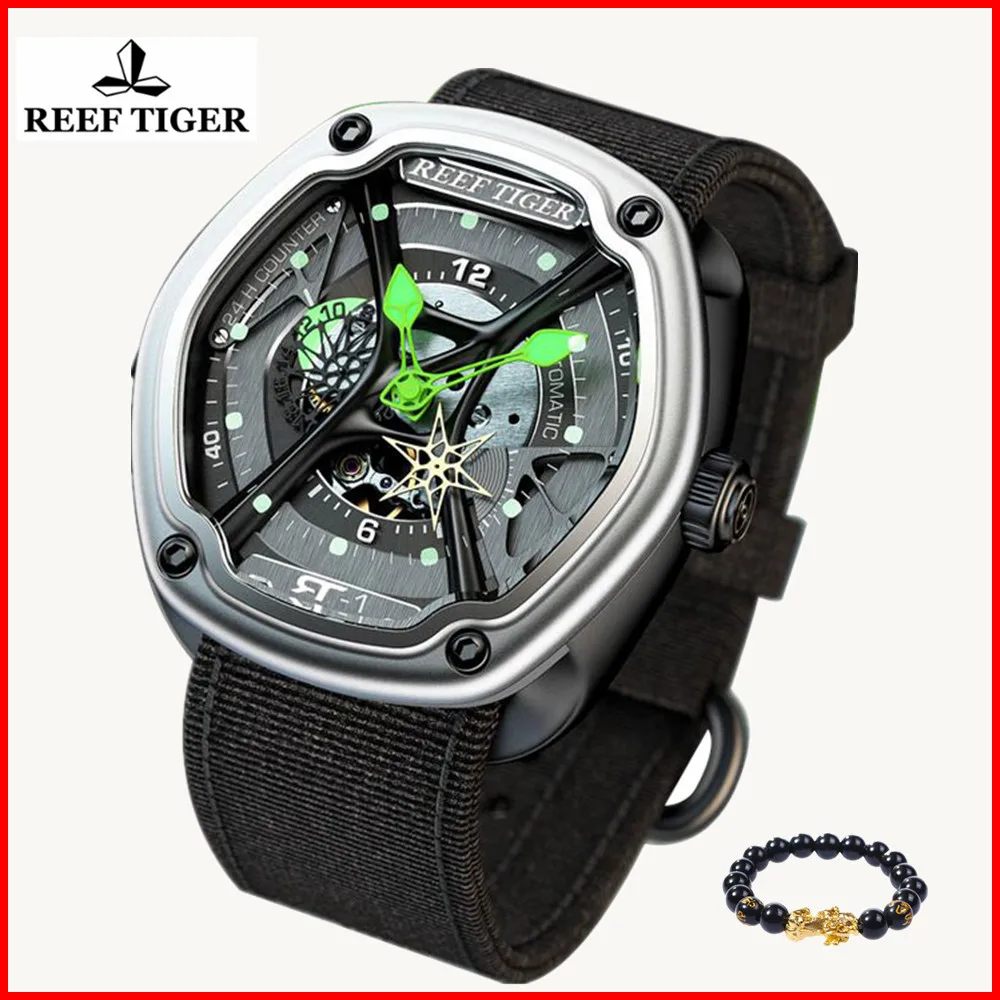 

2019 Reef Tiger Luxury Brand tourbillon Watches Men Dive Sport Waterproof Luminous Nylon/Rubber Automatic Creative Design Watch