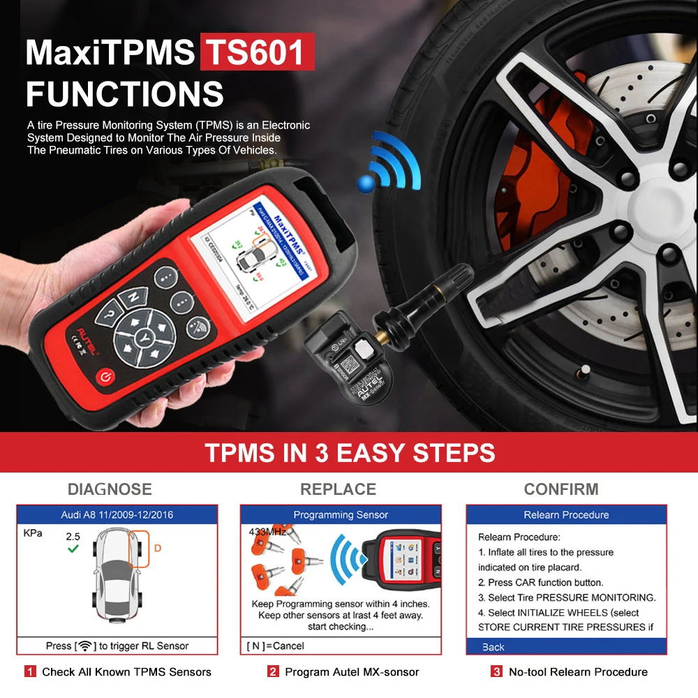 AUTEL MaxiTPMS TS601 диагностический инструмент, автомобильный OBD2 сканер, автомобильный TPMS активатор, инструменты для ремонта шин, датчик, программируемый код, считыватель