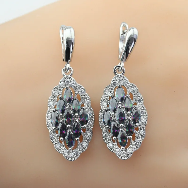 Horse Eye Cutting Rainbow Multicolor Cubic Zirconia Drop Earrings For Women Silver Color Earring Jewelry Free Gift Box