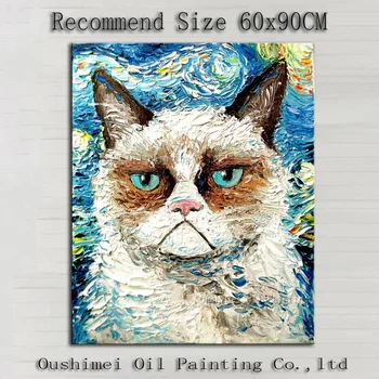 

Handmade Modern Cat Animal Painting on Canvas Van Gogh Starry Sky Cat Oil Painting For Room Decor Garfield Wall Oil Painting