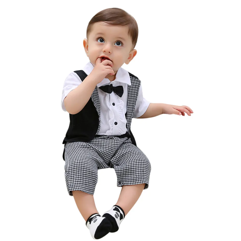 

toddler boy clothes Summer New Turn-down Collar Gentleman Bowtie Plaid Swallowtail Romper Jumpsuit Outfits