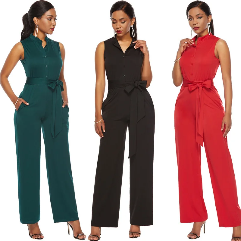 

2019 Women's Button Tied Waist Wide Leg Casual Jumpsuit Stand Collar Sleeveless Solid Green Red Black Jumpsuits Rampers Outfits