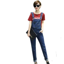LinsDenim Ripped Темно-Синий Джинсовые Комбинезоны С Большой Карман Джинсов Женщины Нагрудники Милый Одежда Vintage Рукавов Комбинезоны