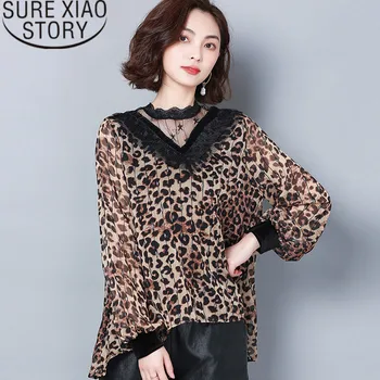 

Fashion 2019 spring leopard-print long long-sleeved V-neck chiffon shirt women openwork lace sexy tops plus size 2323 50