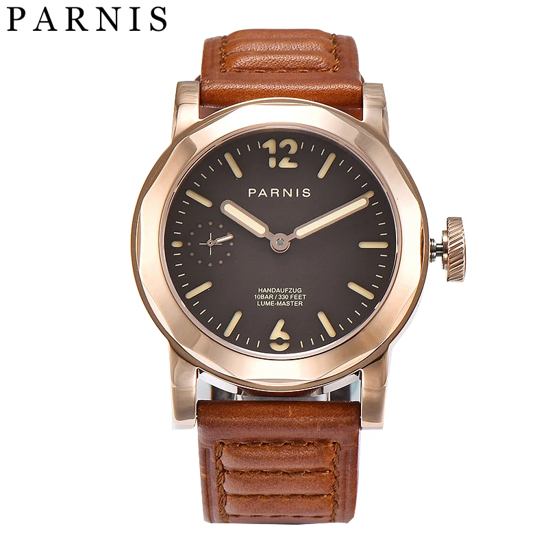 Мужские механические часы Parnis с ручным заводом, 43 мм, 100 м, механические часы с сапфировым люминесцентным кожаным дизайном
