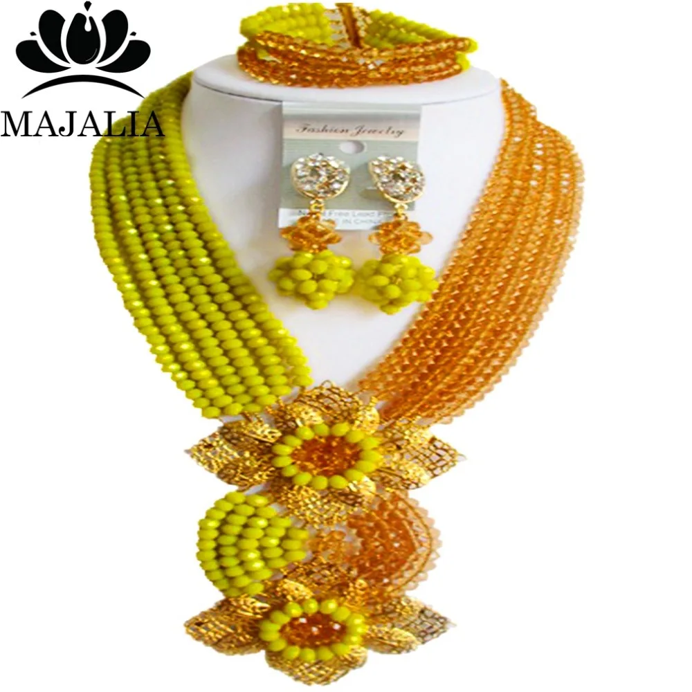

Majalia Fashion Nigerian Wedding African Jewelry Set Opaque yellow and Gold champagne Crystal Necklace Bride Jewelry Sets 6SE046